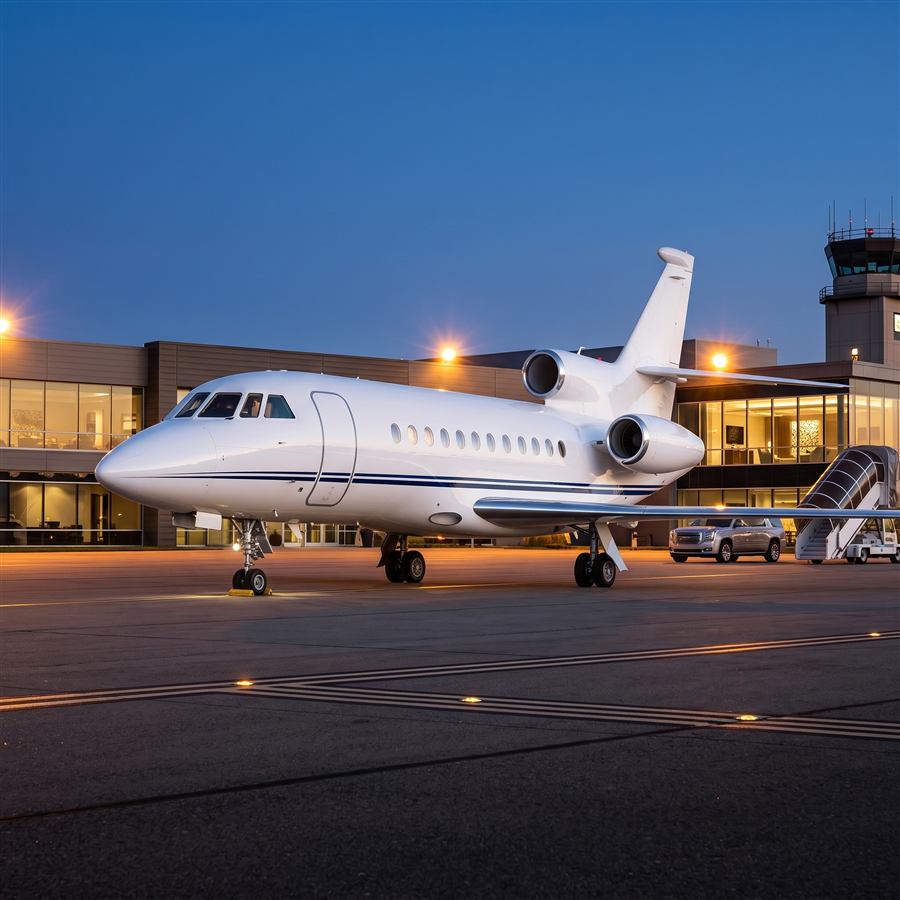 Dassault Falcon 900 heavy trijet on a dusk ramp