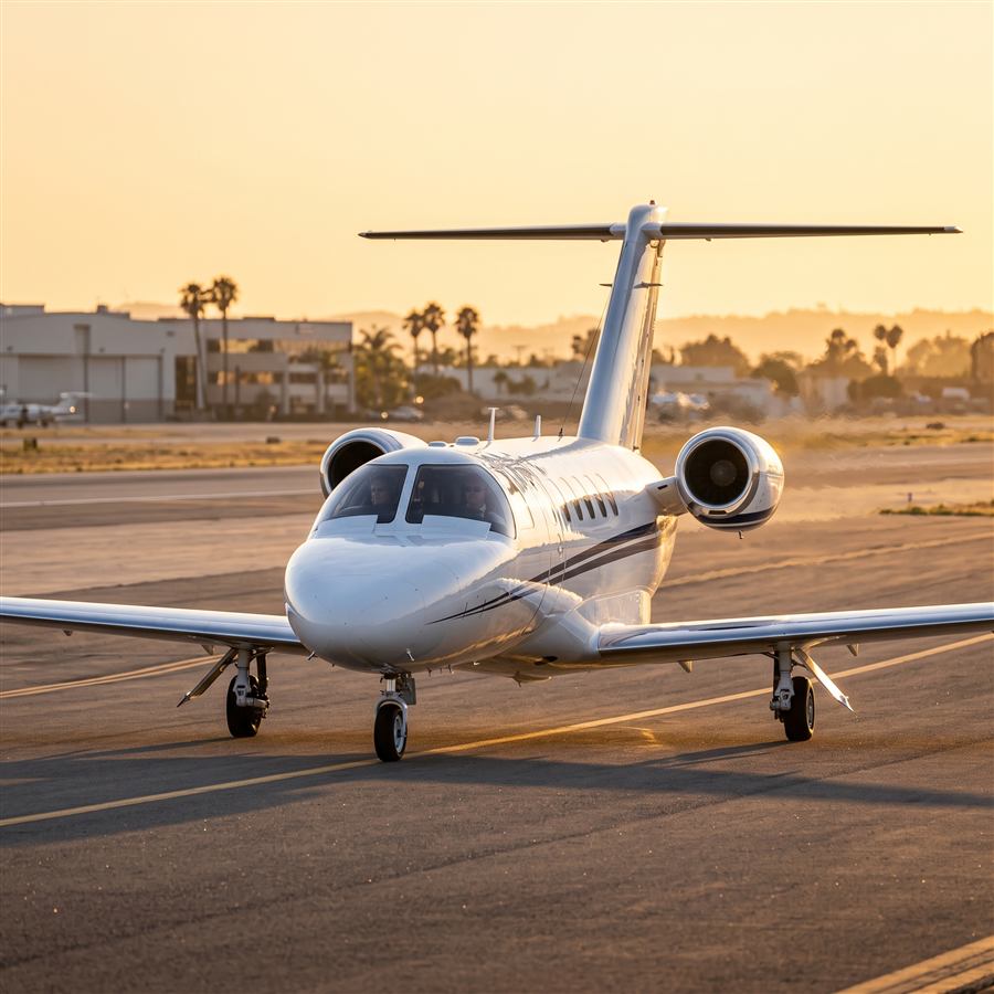 Cessna Citation CJ3 light jet taxiing at golden hour