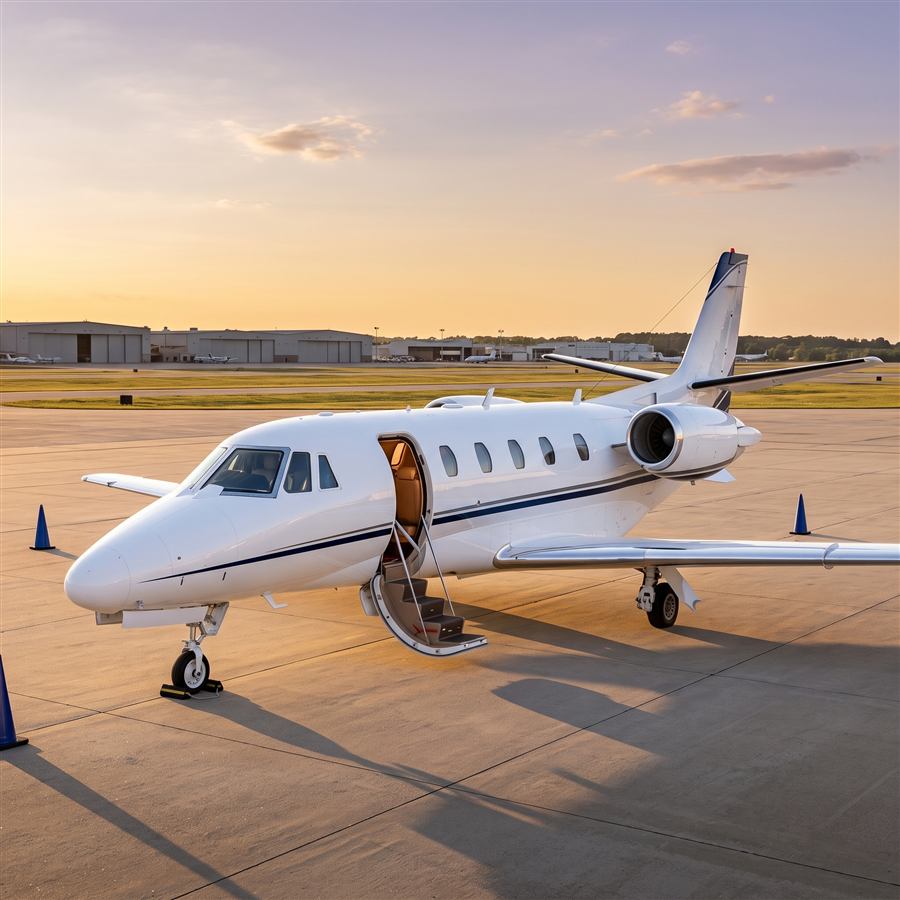 Cessna Citation XLS midsize jet with airstair door open at golden hour