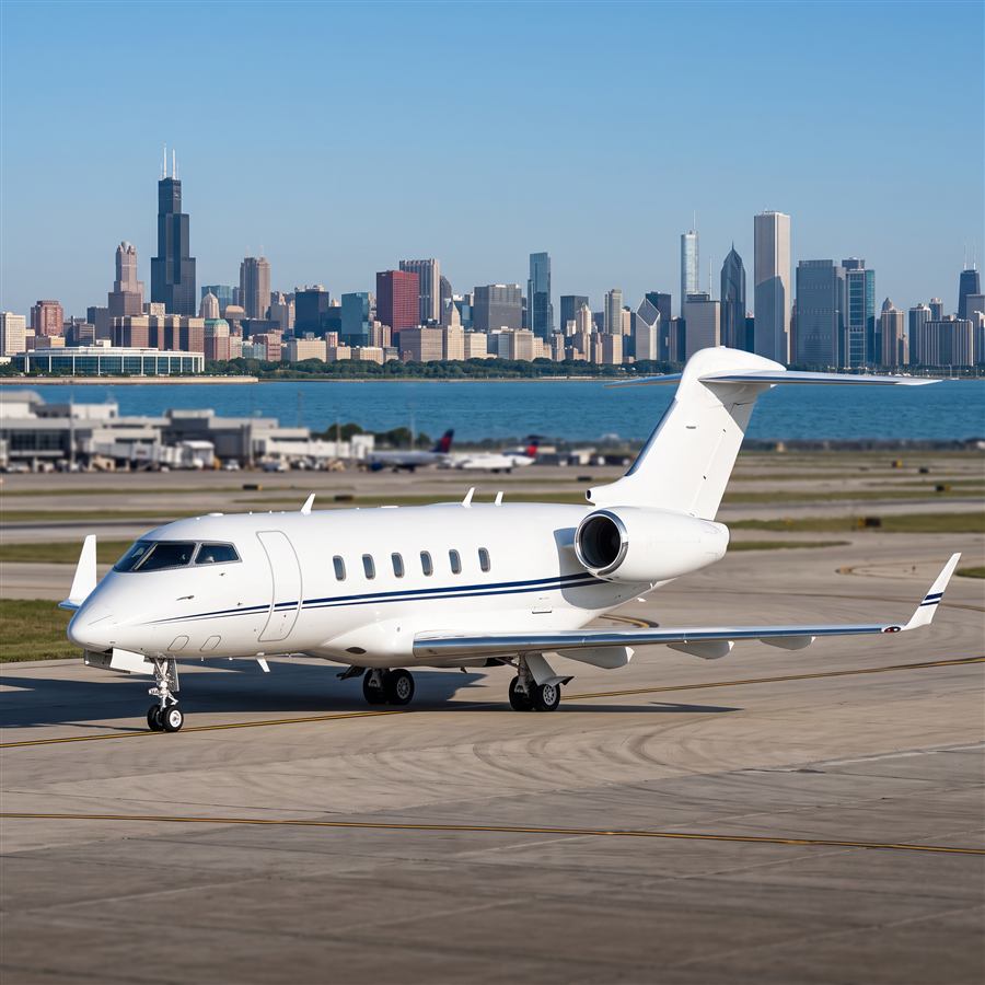Bombardier Challenger 300 super-midsize jet taxiing with city skyline behind