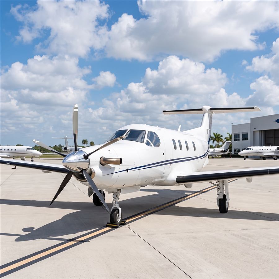 Pilatus PC-12 single-engine turboprop parked on a sunny Florida ramp