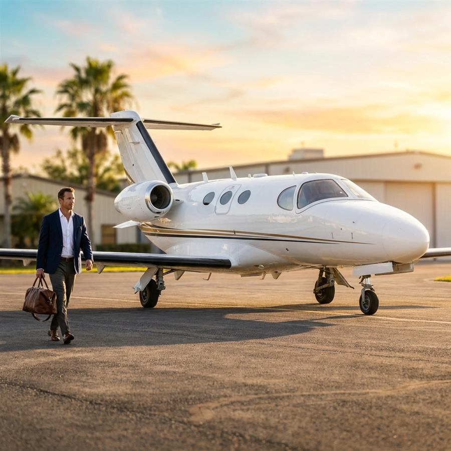 Cessna Citation Mustang very light jet at golden hour on the ramp